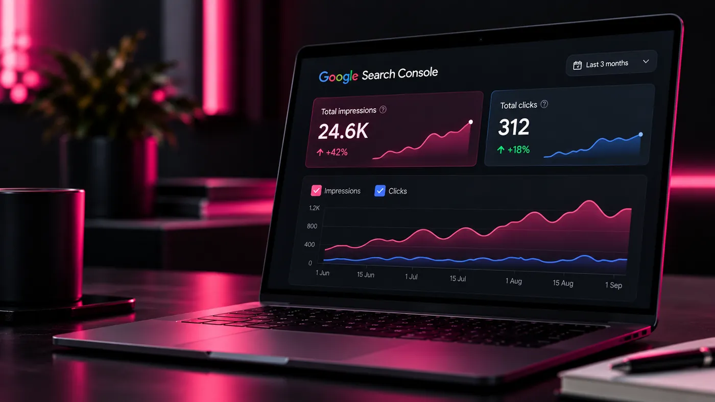 An illustrative analytics dashboard with a rising impressions line and a much flatter clicks line