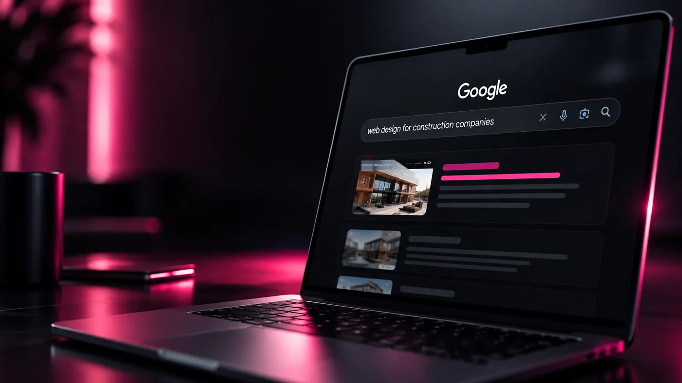 A laptop showing a Google search for web design for construction companies, with result cards below