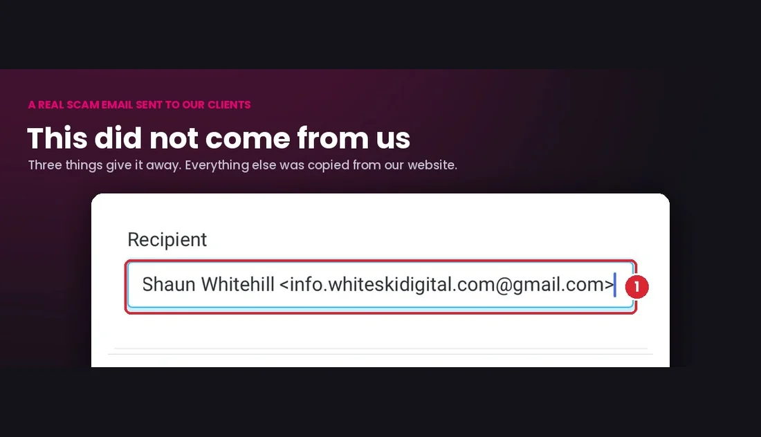 A scam email sent to our clients, with the giveaways circled