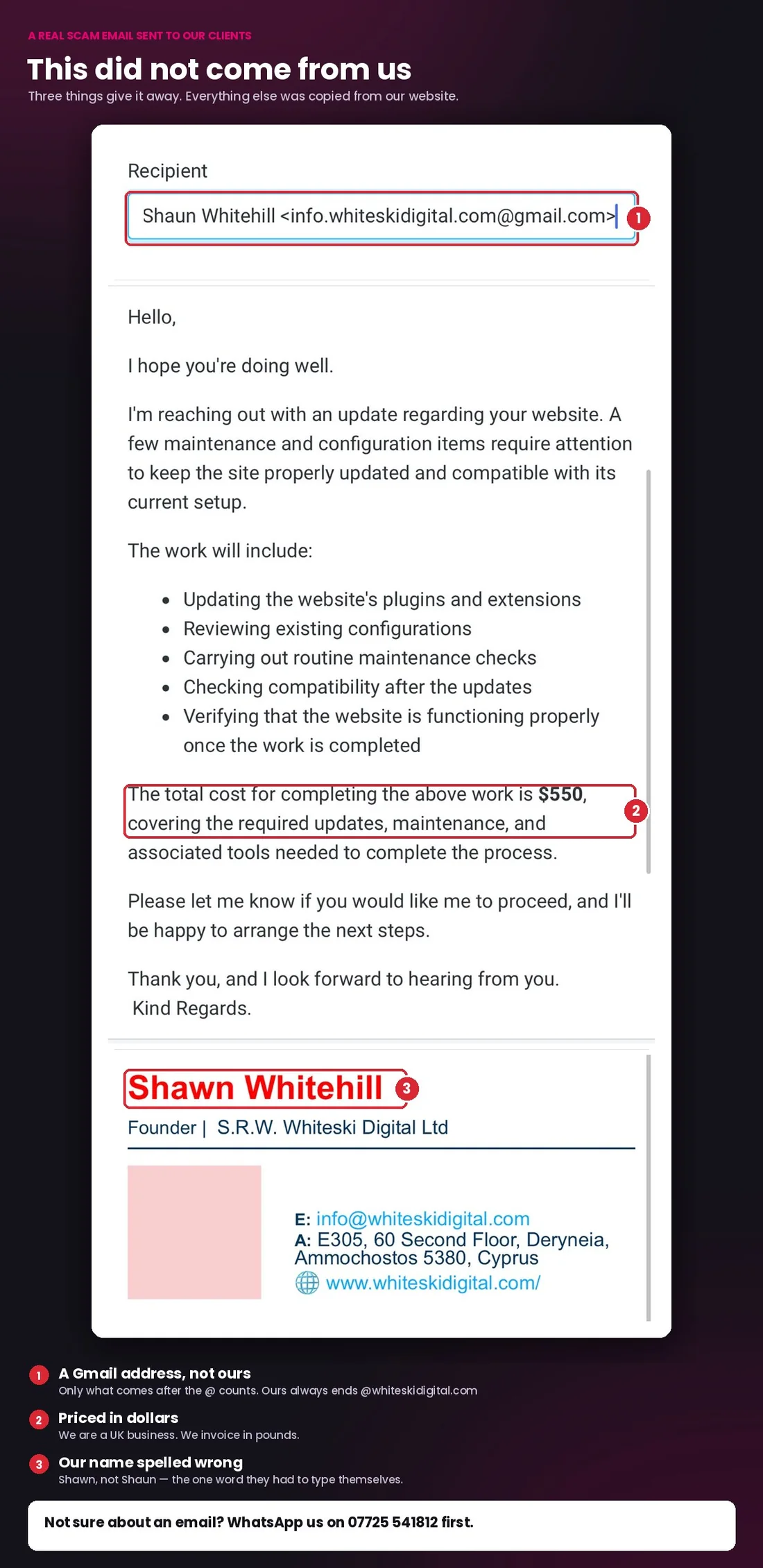 The scam email, with the Gmail address, the dollar price and the misspelled name circled