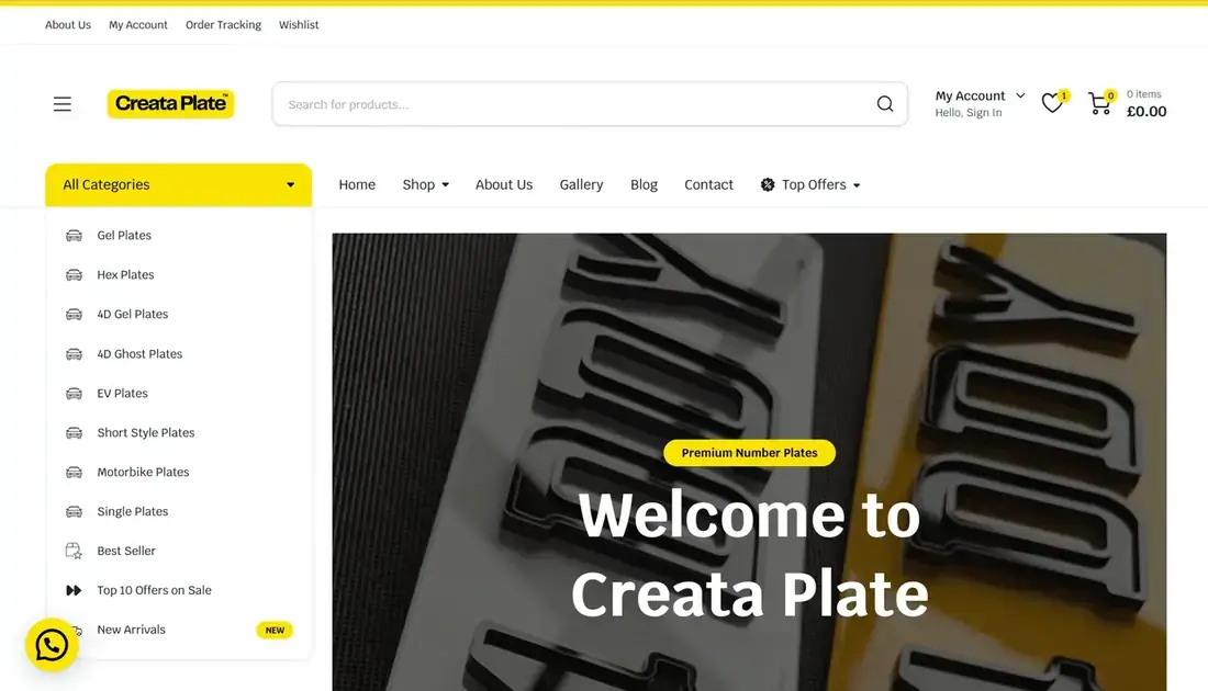 Creata Plate online shop homepage, built for a Macclesfield business