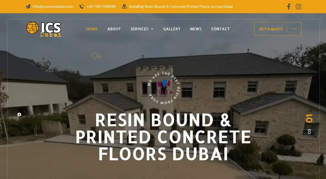 ICS Resin Dubai website homepage, built for a resin flooring business launching in Dubai