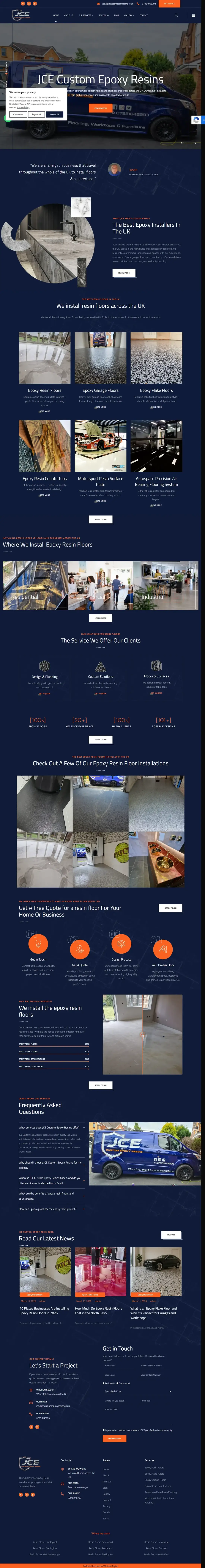 JCE Custom Epoxy Resins website homepage, designed for an epoxy resin flooring and worktop installer