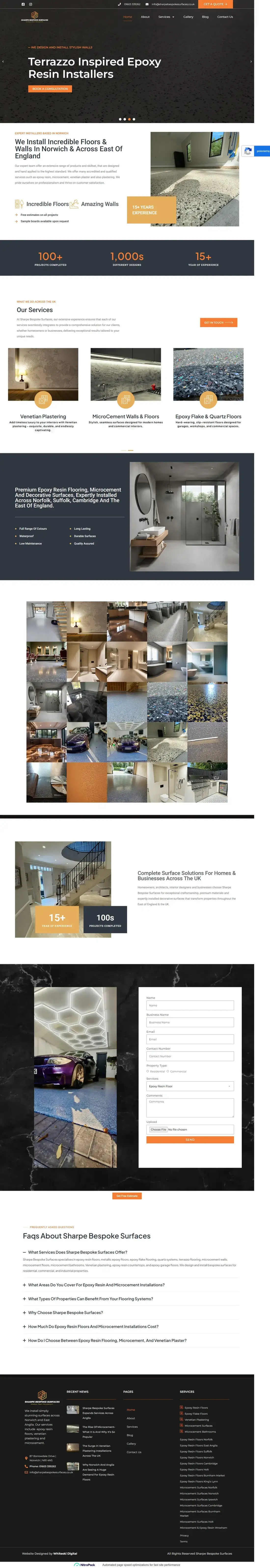 Sharpe Bespoke Surfaces website homepage, designed for a microcement and resin flooring company