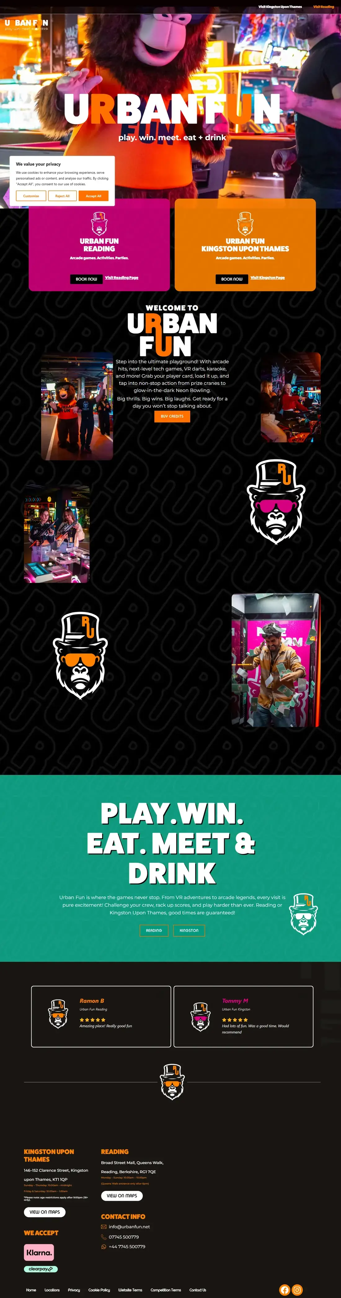 Urban Fun website homepage, rebuilt for a two-venue arcade business