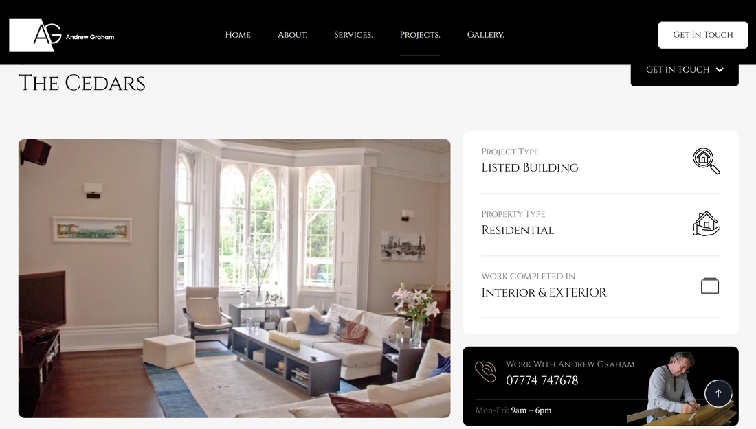 AJ Graham website, customised project area section