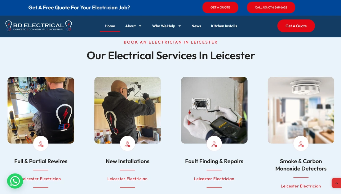 BD Electrical website, clear service sections section