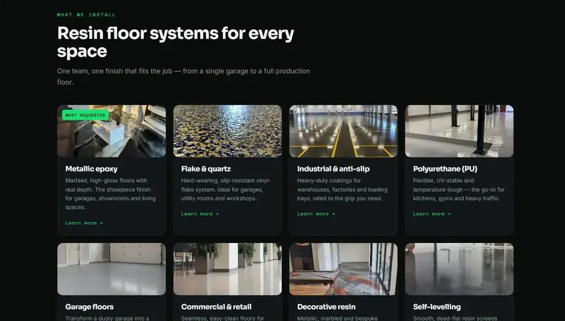 Glasgow Resin website, systems for every space section