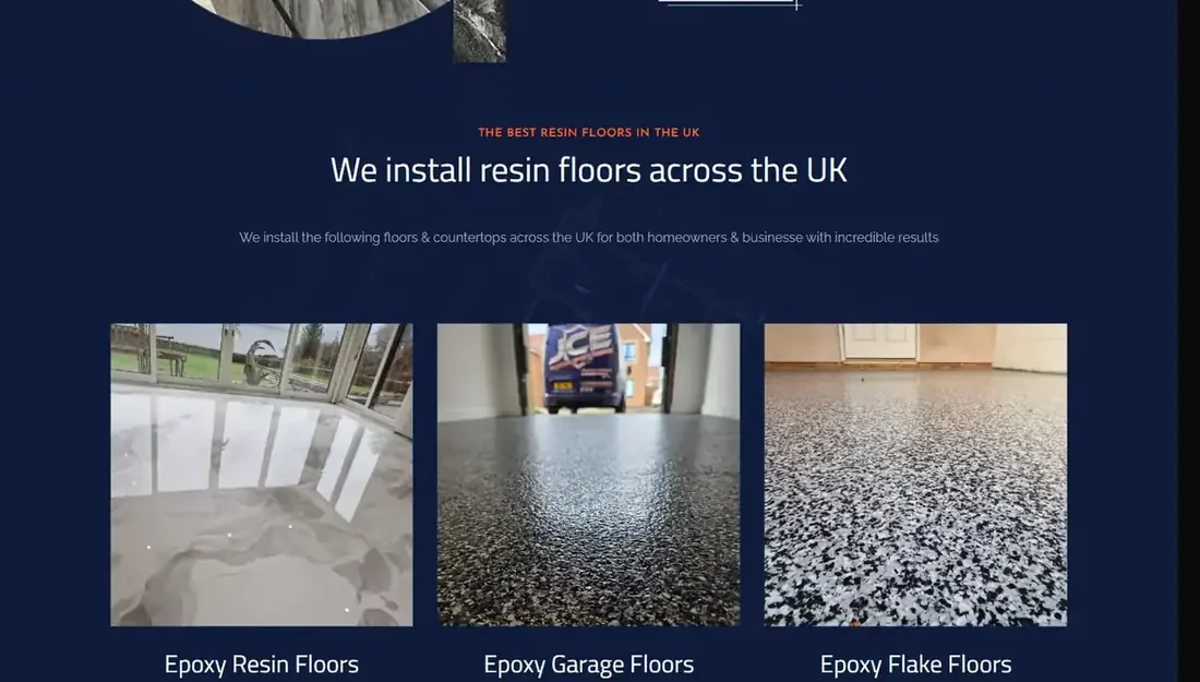 JCE Custom Epoxy Resins website, services split by floor type section