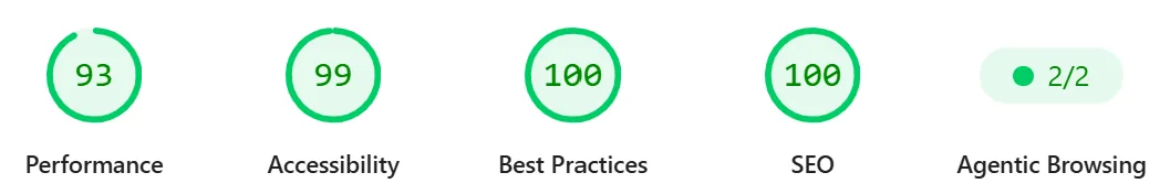 PageSpeed Insights mobile scores for the new Shrink Wrap UK site: performance 93, agentic browsing 2 of 2
